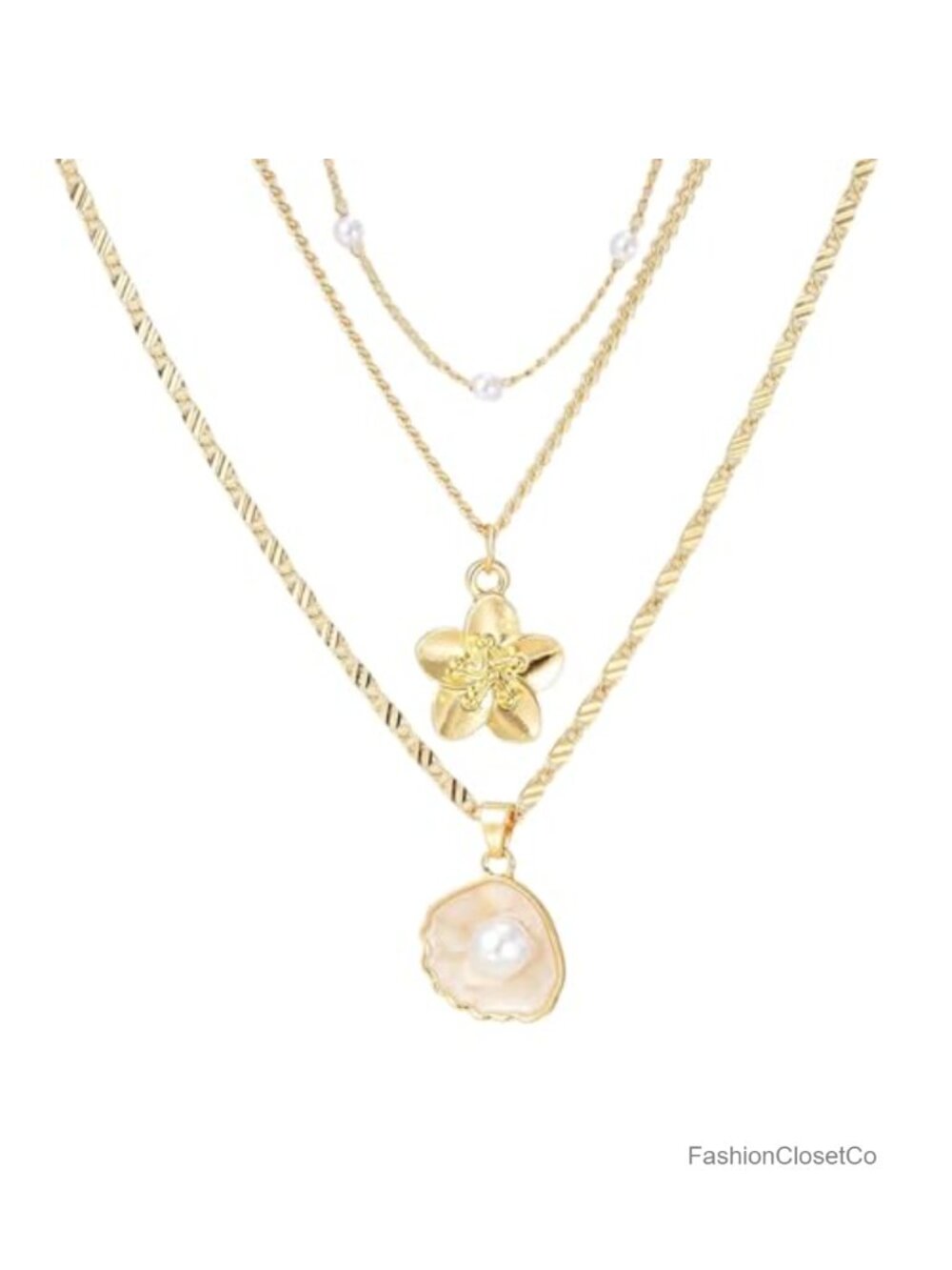 Gold Plated Shell Flower Charm Necklace Layered Boho Seashell Starfish Pearl